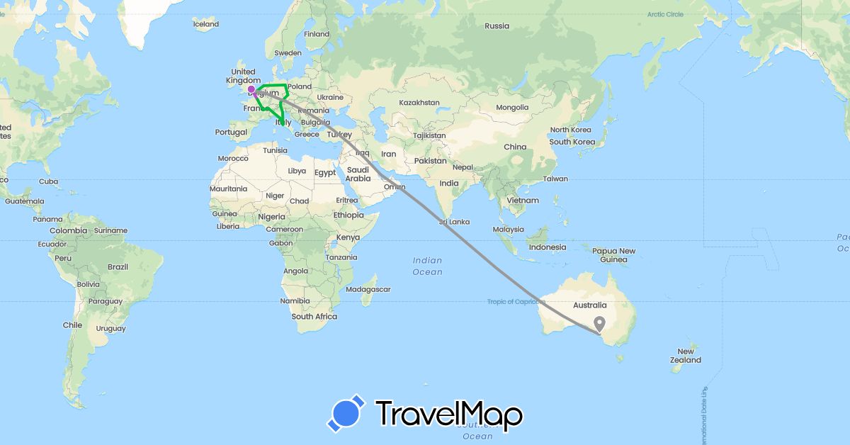 TravelMap itinerary: bus, plane, train, boat in Austria, Australia, Switzerland, Czech Republic, Germany, France, United Kingdom, Italy, Netherlands, Qatar (Asia, Europe, Oceania)